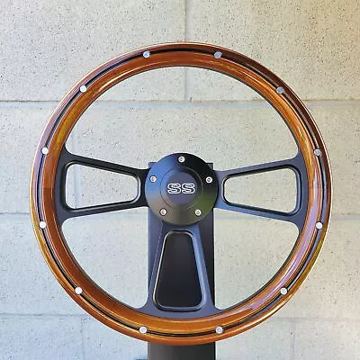 14  Black Billet Steering Wheel Real Mahogany Wood W/ Aluminum Rivets Chevy SS • $179.48