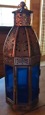 VINTAGE Hanging PUNCHED Pierced CANDLE Tin LANTERN Artisan Blue Glass  • $39.71