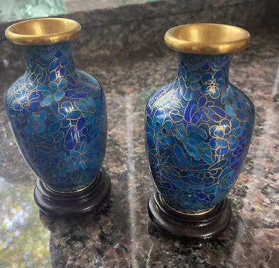 Cloisonne Vases-5” Miniature  Blue Vases With Original Wooden Stands • $45