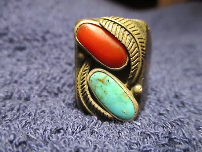 Old Pawn NAVAJO STERLING SILVER CORAL & TURQUOISE  MEN'S RING • $49.99