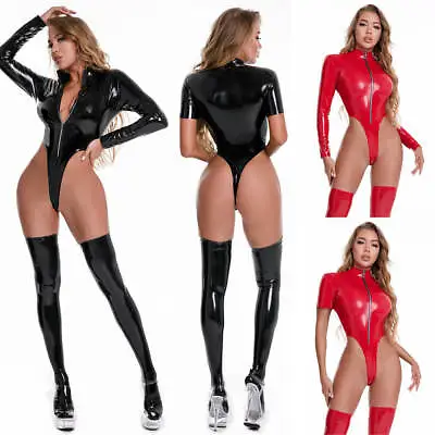 Women Latex Leather Bodysuit Short Long Sleeve Wetlook Stockings Romper Jumpsuit • £11.87