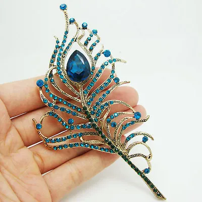 $13.75 • Buy Gorgeous Peacock Feather Gold-tone Blue Rhinestone Crystal Brooch Pin Gift