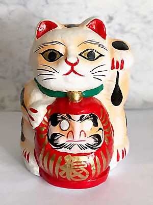 Daruma Darma Maneki Neko Takasaki Hariko Tumbling Doll Lucky Cat White Japan • £126.36