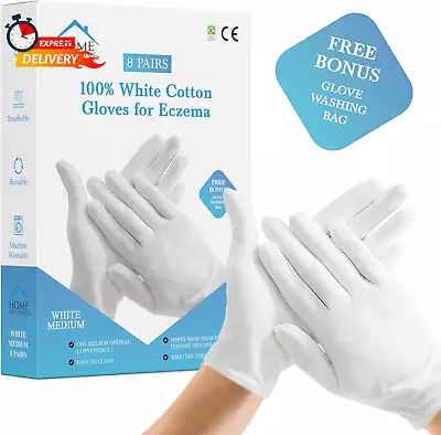 ™ | 8 Pairs | 100% White Cotton Gloves For Eczema | Free Wash Bag | Moisturizing • $13.51