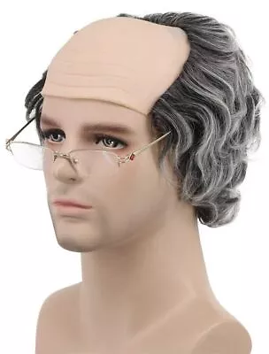 Short Curly Fits Old Man Bald Cap Gray Mad Scientist Halloween Cosplay Wig • $20