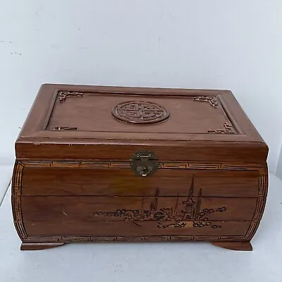 Vtg. Asian Oriental Hand Carved Wooden Jewelry Box Large 16.5 X 10.25 X 8.25”H • $129.99