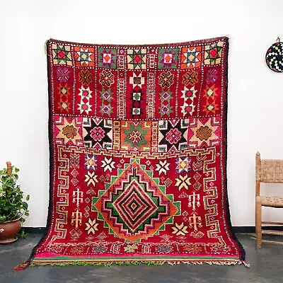 7x9 Ft Vintage Handmade Wool Boujaad Red Area Rug Moroccan Living Room • $977.50