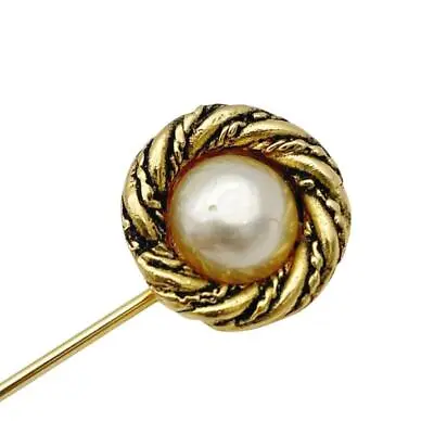 Authentic CHANEL Pin Brooch Pearl Color Gold Vintage Length Approx 6cm No Box • $136.83