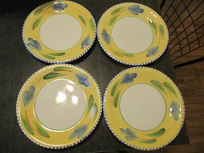 Set 4 Maxam Mediterranean Italy Pottery Dinner Plates Blue Hand Painted Leaves • $49.99