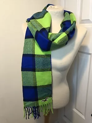 HOLLISTER Ladies Winter Scarf Green Blue Checked Plaid Tassle Fringe • £8