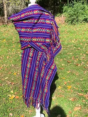 Mexican Fringed Rebozo Wrap Shawl Woven Pattern 6x2.75 Purple Rainbow J5 • $21.90