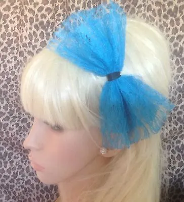 BIG TURQUOISE BLUE LACE BOW ALICE HAIR HEAD BAND 80s RETRO PARTY FANCY DRESS  • £4.99