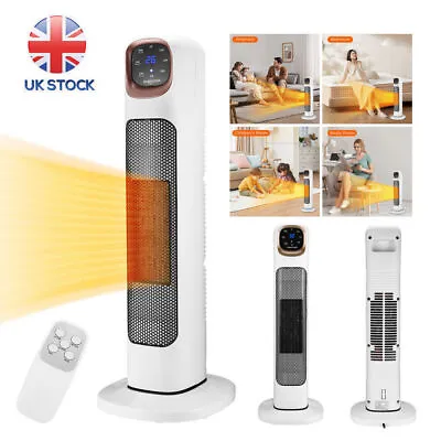 2000W PTC Ceramic Electric Tower Fan Heater Oscillating LED Display Timer Remote • £24.99