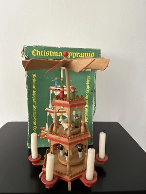 $117 • Buy Vintage Erzgebirge Wooden Christmas Pyramid Carousel 3 Tier Nativity With Box
