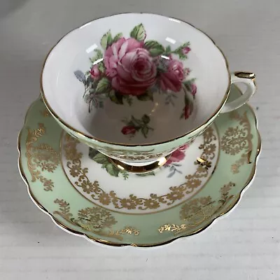 Vtg Royal Crown DERBY Teacup & Saucer English Bone China Light Green Gold Roses • $40.50