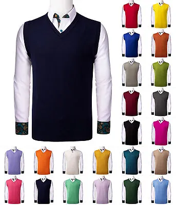 Mens Sweater Vintage Tank Top Golf Gilet Casual Knitted Jumper V Neck Blue Vest • £16.99