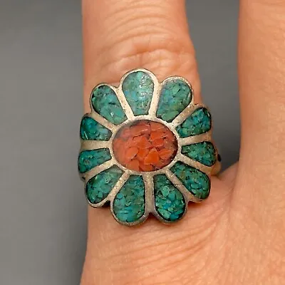 Vintage Southwestern Flower Turquoise Coral Silver Ring Size 7 • $125