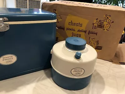 Vintage 60s Thermos Blue Metal Cooler Ice Chest . With Original Jug And Box • $155