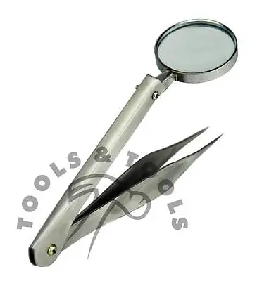 TWEEZERS WITH 8x MAGNIFYING GLASS STAINLESS STEEL FINE CLOSE UP WORK 2 SIZES • £4.99
