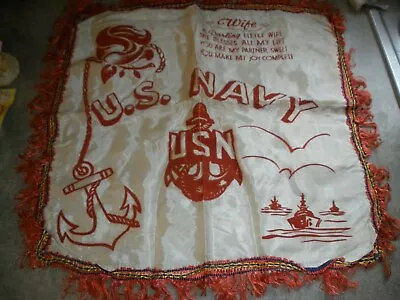 Vintage Silk Pillowcase US Navy WIFE 17  Square Red White (O15) • $24.99