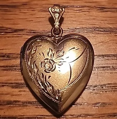 Vintage Gold Floral Etched Heart Shaped Locket • $24.99