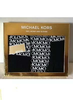 NIB Michael Kors 3 Piece Scarf Hat Glove Boxed Set Black & Cream W/MK Logo • $37.99