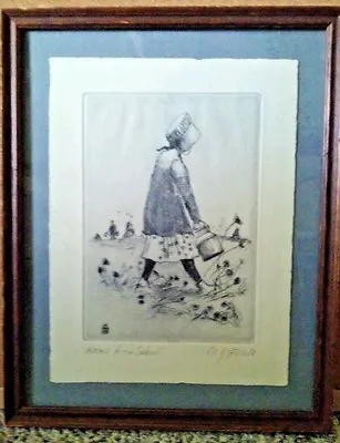 Framed Art  Home From School   Blue Pulled Print Artist E. Gifford 9.5  X 11.5   • $20.93