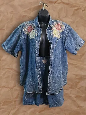 Women’s Vintage Blue Denim Studded Beaded Shirt Shorts 2 Piece Set US Size M/L • £77.10