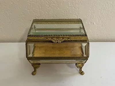 Vintage Brass & Beveled Glass Jewelry Casket Box On Cabriole Claw Feet • $275