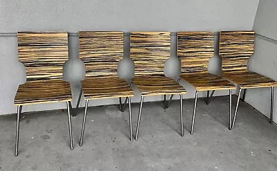 Zebra Wood Eams Style Chairs Set Of 5 Bent Wood Stacking Chrome MCM Vintage • $2750