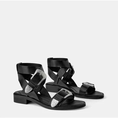 $45 • Buy ZARA Black Leather Western Detail Ankle Strap Sandals EU40/US 9