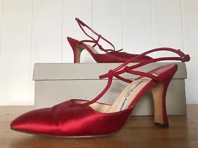 Ruby Red Satin Manolo Blahnik Strappy Slingback Heels • £80