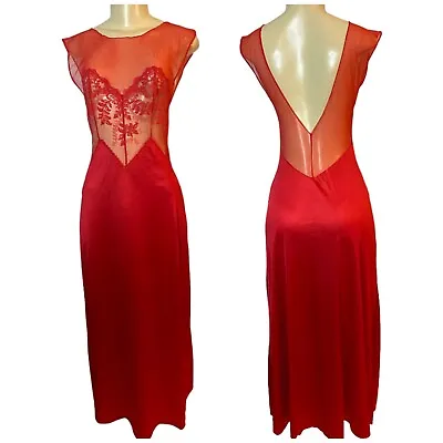 $44 • Buy Vintage Val Mode Red Satin Lace Sheer Elegant Nightgown Long Dress Size Small