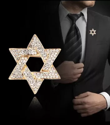 Israel Jewish Star Of Magen David Gold Lapel Pin CZ Pave Mens Womens • $7.95