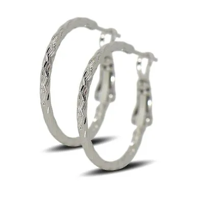 9ct White Gold Filled Womens Textured Hoop Earrings 25mm • £12