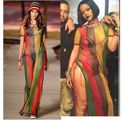 Ladies Rasta 100% Cotton Multicolored Side Slit String Mesh Maxi Dress Free Size • £14.99