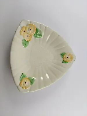 Vintage Kelsboro Ware Triangular Yellow Trinket Plate / Dish. Flowers & Leaves • £4.99