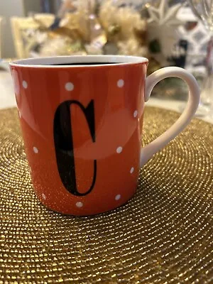 Kate Spade Lenox TO THE LETTER  C  Monogram Orange Black Polka Dots Mug EUC • $21