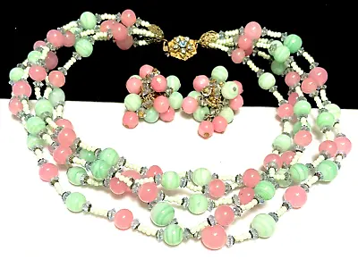 Miriam Haskell Signed Set Rare 1950's Pink Green Glass Necklace Earrings A52 • $650