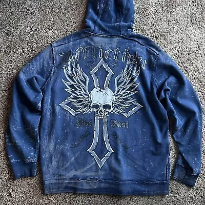 Vintage Affliction Skull Grunge Blue ~ Mens Size XL Zip Hoodie Jacket Y2K Baggy • $142