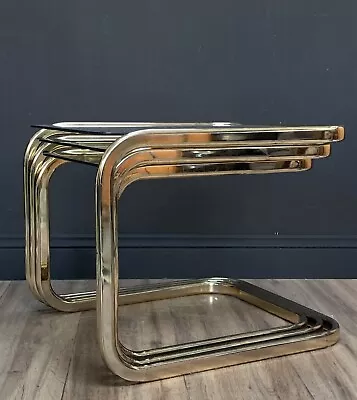 £175 • Buy Vintage Morex Italy Nest Of Smoked Glass Brass Tables