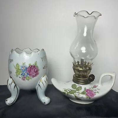 Vintage Oil Lamp Moss Rose Mini Genie Lamp & Cracked Egg Rose Footed Vase • $25