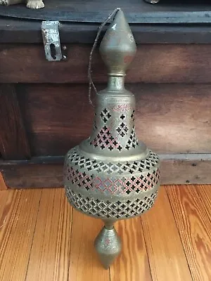 Vintage Moroccan Pierced Brass Pendant Hanging Lantern Light Turkish Fixture • $459.99
