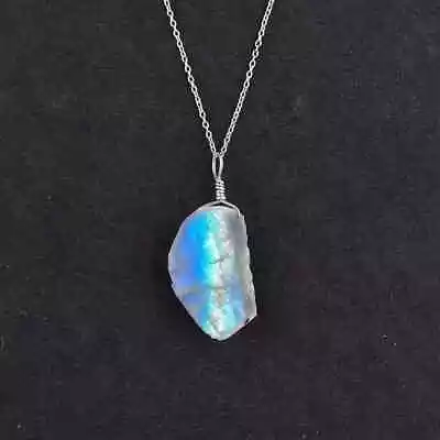 Raw Rainbow Moonstone 925 Sterling Silver Necklace Pendant Chain • $39.59