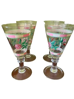 Wedgwood English Cottage Pink Roses Peppermint Stripes Dessert Goblets Set Of 4 • $42.95