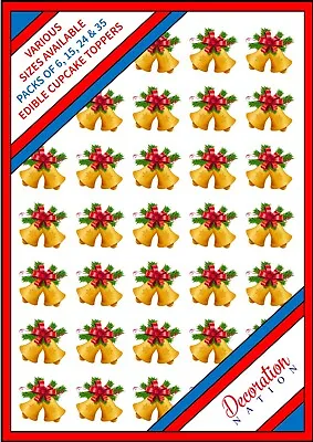 35 X Bells & Bow Edible Cupcake Cake Toppers Wafer Icing Christmas Xmas Tree Fun • £3.79