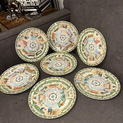 Set Of 7 Williams-Sonoma CHEMIN DE FER 8.25  Plates Porcelain Railway 2b3 • $40