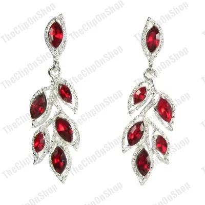 RED CRYSTAL Chandelier EARRINGS Pierced/clips MARQUISE LEAF Silver Rhinestone • £3.99