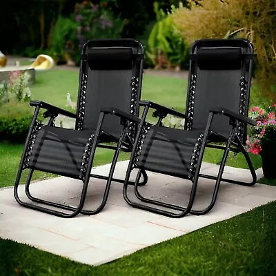 2 X Reclining Sun Lounger Outdoor Garden Folding Zero Gravity Chair Adjustable • £59.90