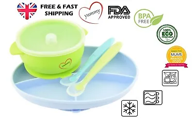 Baby Toddler Weaning Silicone Suction Plate Bowl With Lid & Matching Spoon Set • £11.99